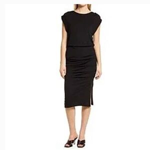 NWT Halogen Nordstrom Gathered Midi Cap Sleeve Ruched Black Knit‎ Size S Dress